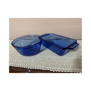 Vintage Anchor Ovenware Blue Mixing Bowl + Loaf Dish Set